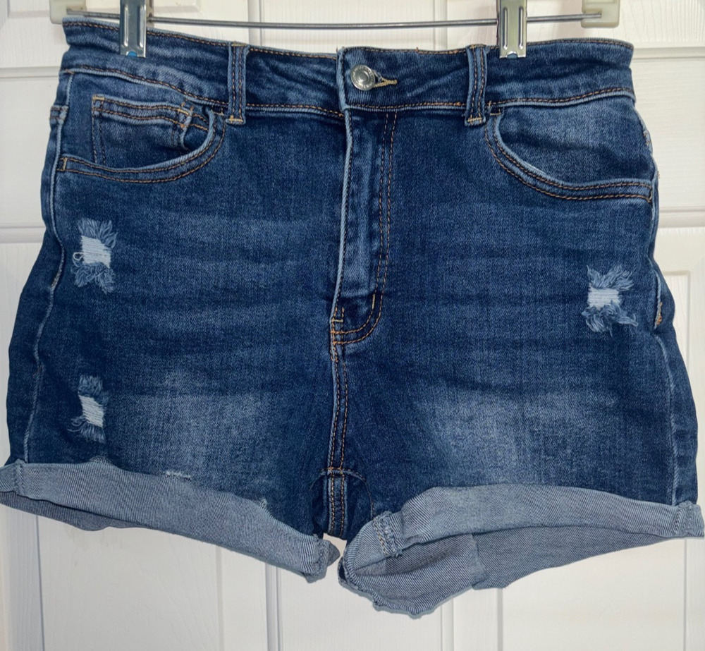 Wax Jean Women's Large Blue Denim High Rise Shorts Distressed Cuffed 28 Waist